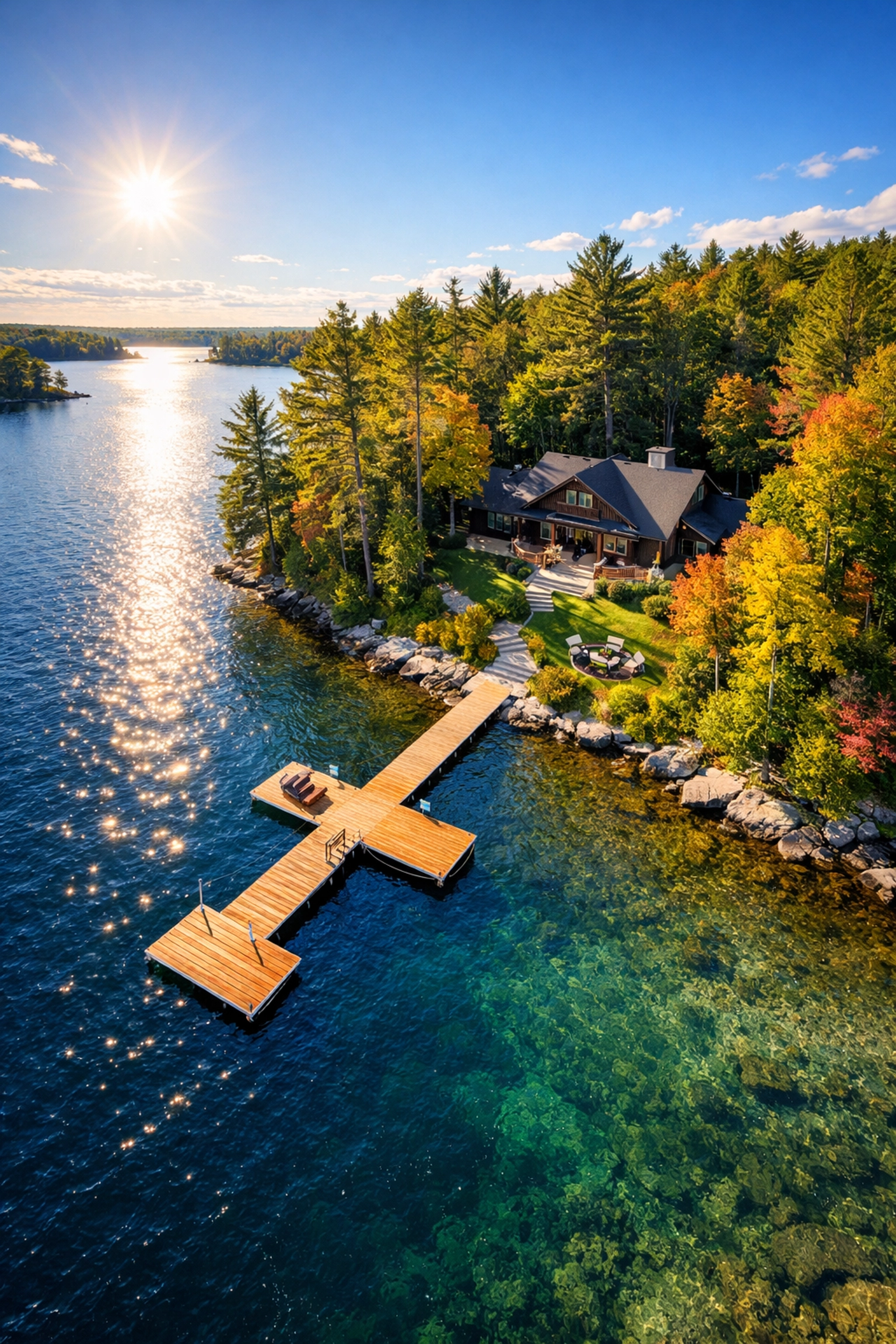 Aerial view of Muskoka waterfront property with dock and cottage nestled in forest