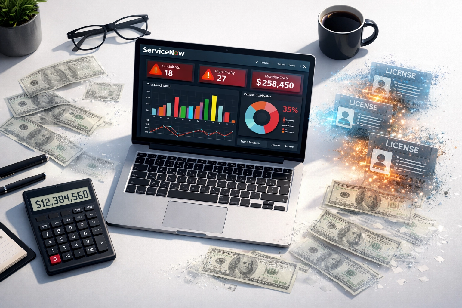 ServiceNow dashboard showing ITOM license costs and hidden waste indicators
