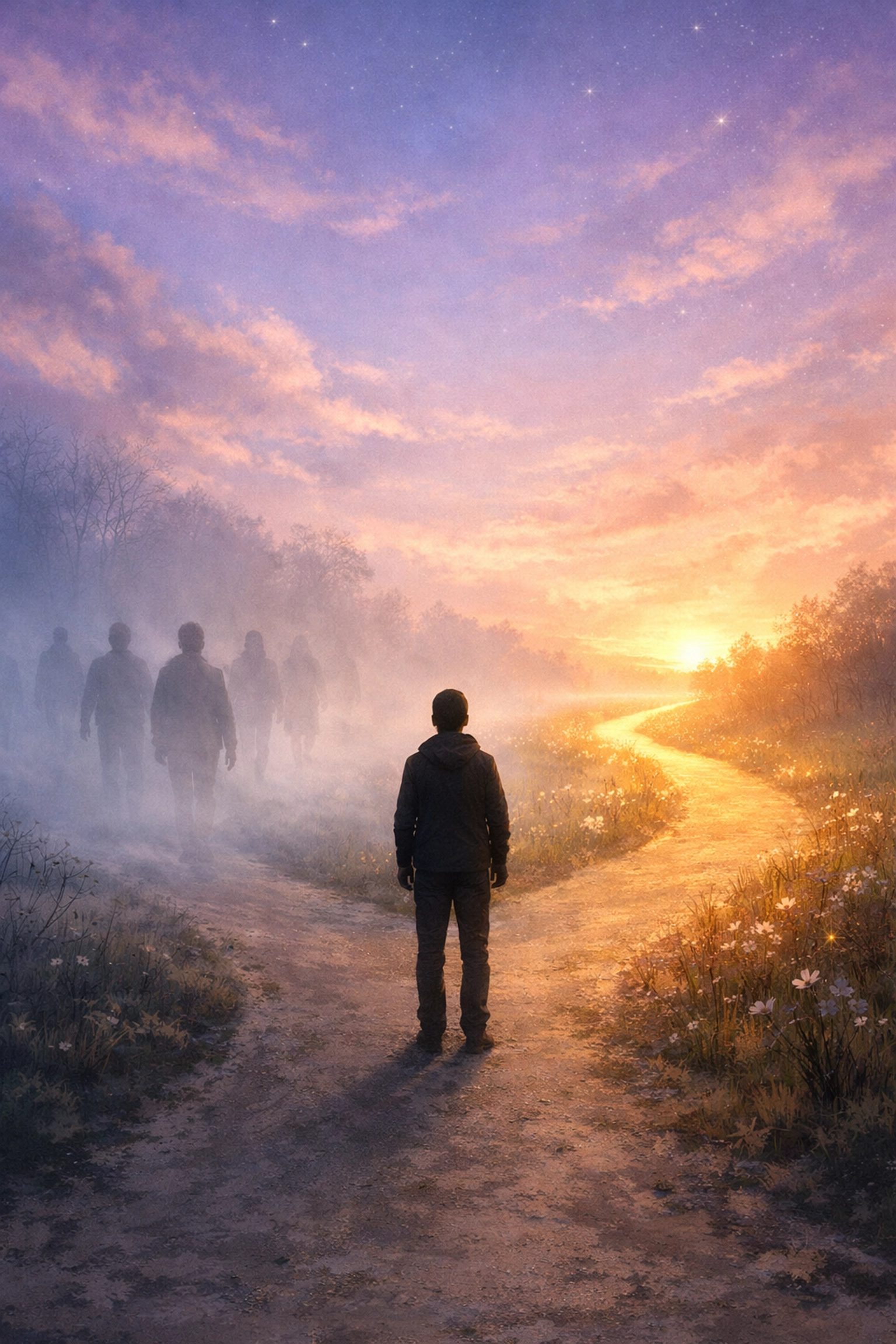 Person at a crossroads choosing between past shadows and a brighter future path of self-discovery