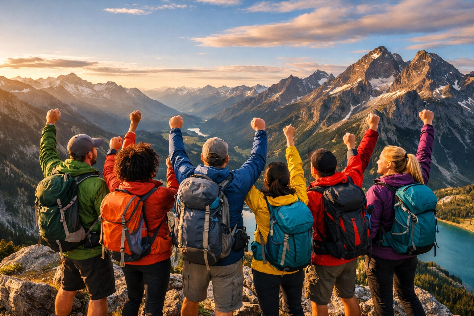 Hikers celebrating at mountain summit during custom adventure travel itinerary