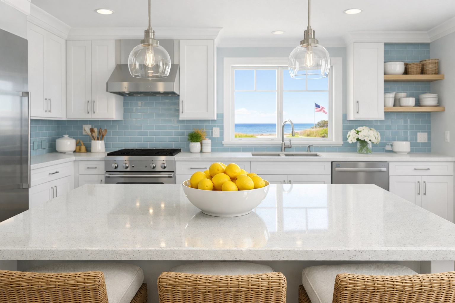 A perfectly clean coastal kitchen in Sagamore with white cabinets and polished countertops after a weekly house cleaning.