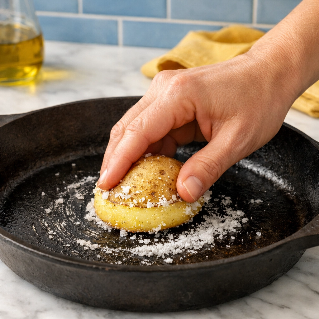Using a sliced potato and sea salt to remove rust from a cast-iron skillet in a bright kitchen.
