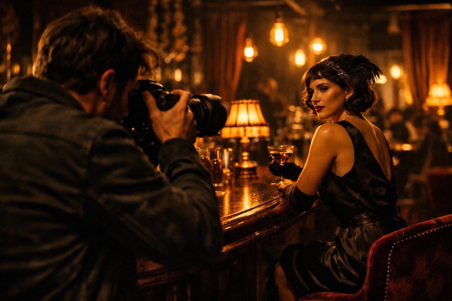 Professional photographer capturing cinematic low-light images inside a vintage speakeasy lounge.
