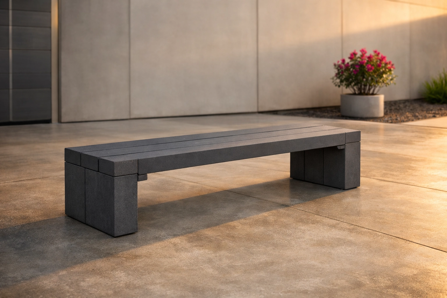 Minimalist outdoor bench for mining sites made from sustainable, hard-wearing recycled plastic panels.