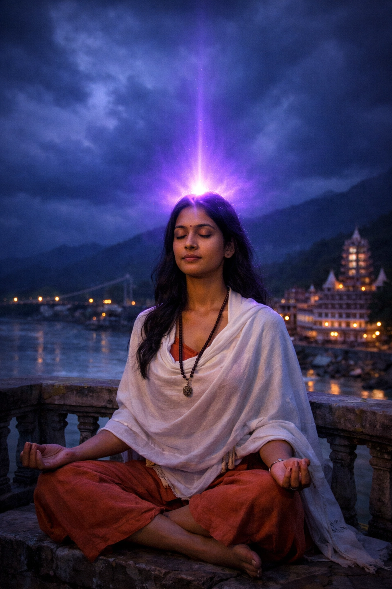 South Asian woman meditating in Rishikesh with a purple aura, representing the vibration of spiritual transcendence.