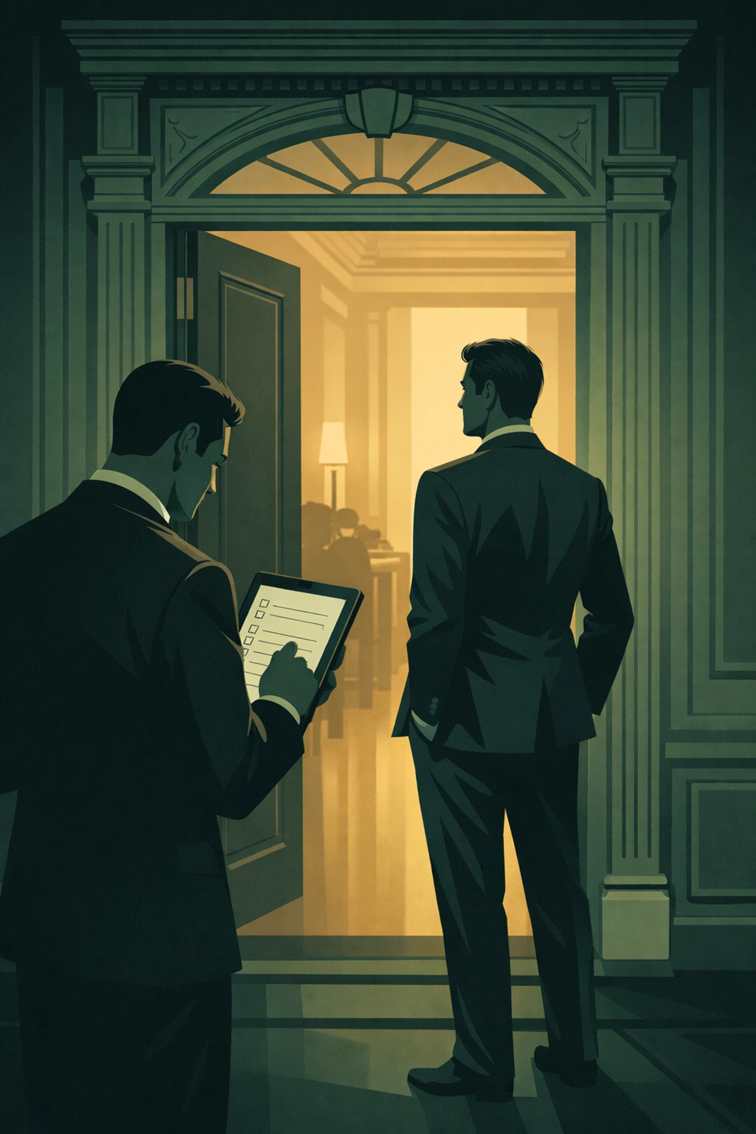 Two men entering exclusive private MM party with guest list verification at elegant doorway