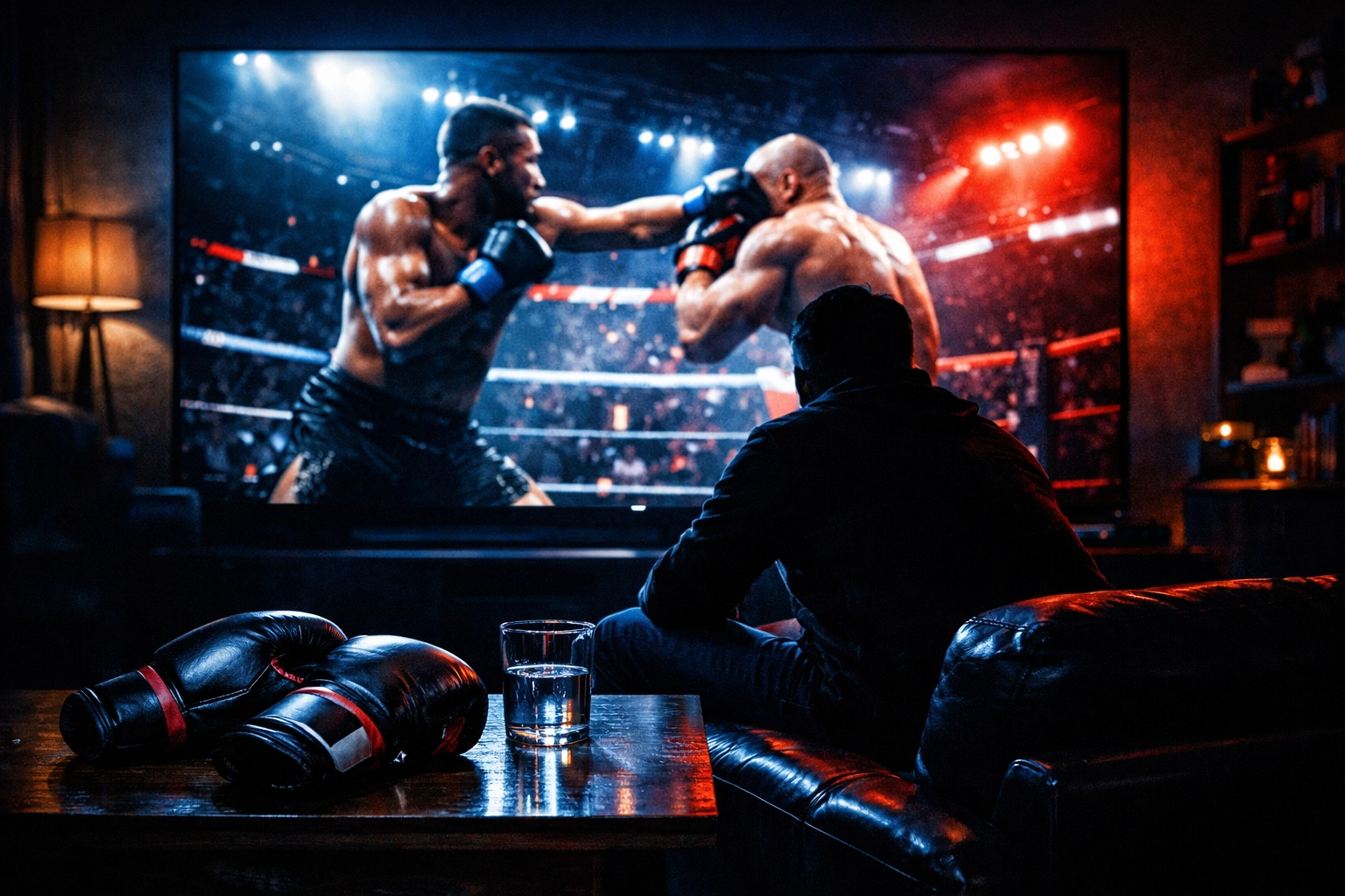 A fan watches a live fight stream of a professional boxing match on a high-definition home screen.