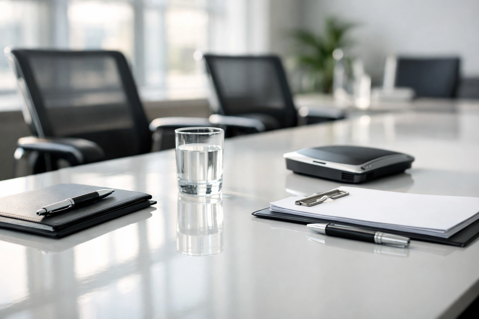 Sunlit, dust-free boardroom table in a Chicago office demonstrating professional commercial cleaning results.