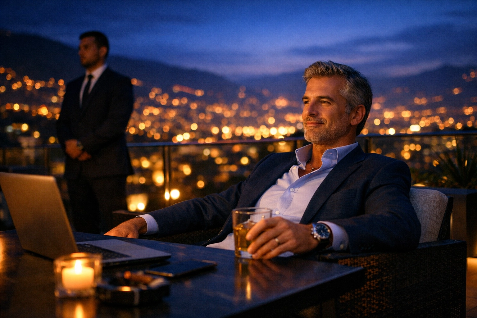 Executive enjoying peace of mind on a luxury Medellin rooftop with professional bodyguard protection.