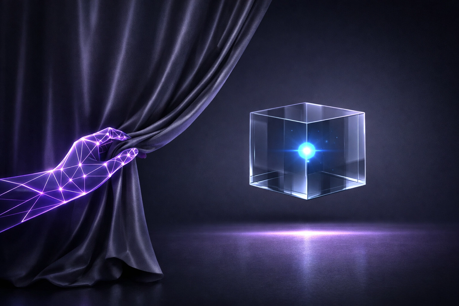 A hand pulling back a curtain to reveal a glowing node, symbolizing the truth behind AI SEO myths.