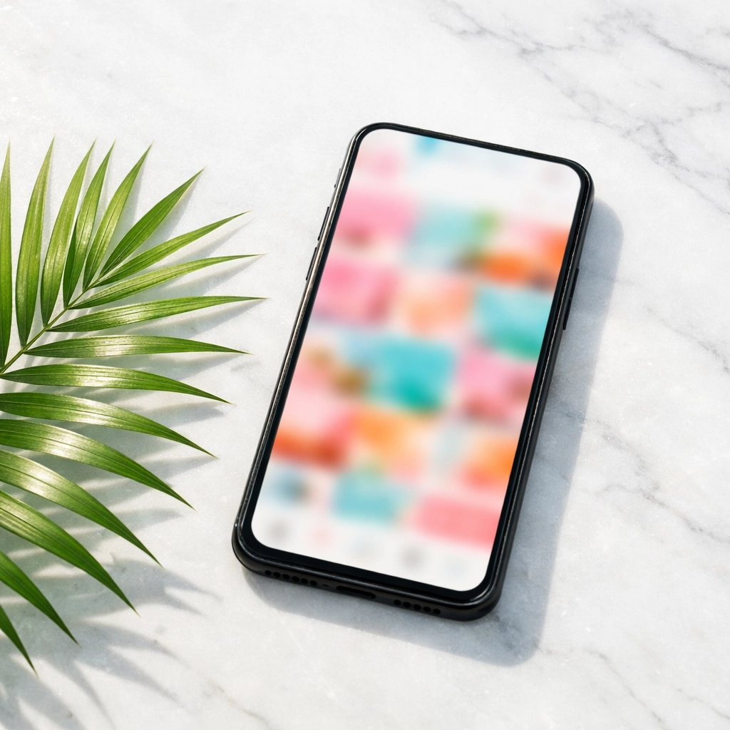 A smartphone and palm leaf representing social media marketing agency miami services for local startup growth.