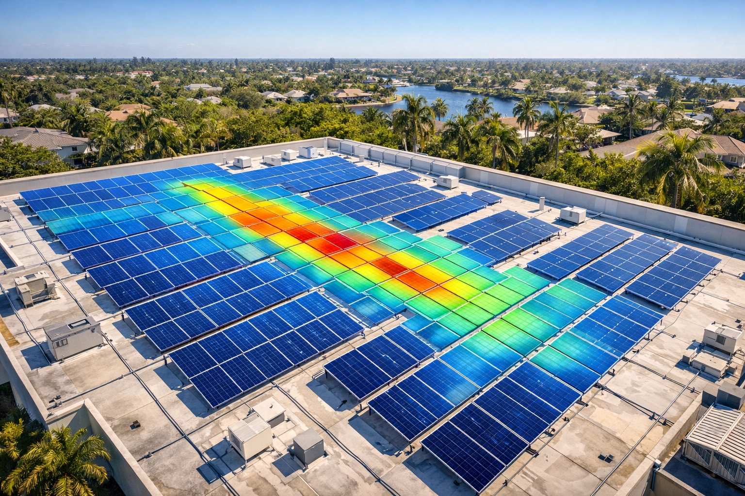 Aerial thermal map of a Cape Coral rooftop solar array identifying efficiency gaps and heat-induced degradation.