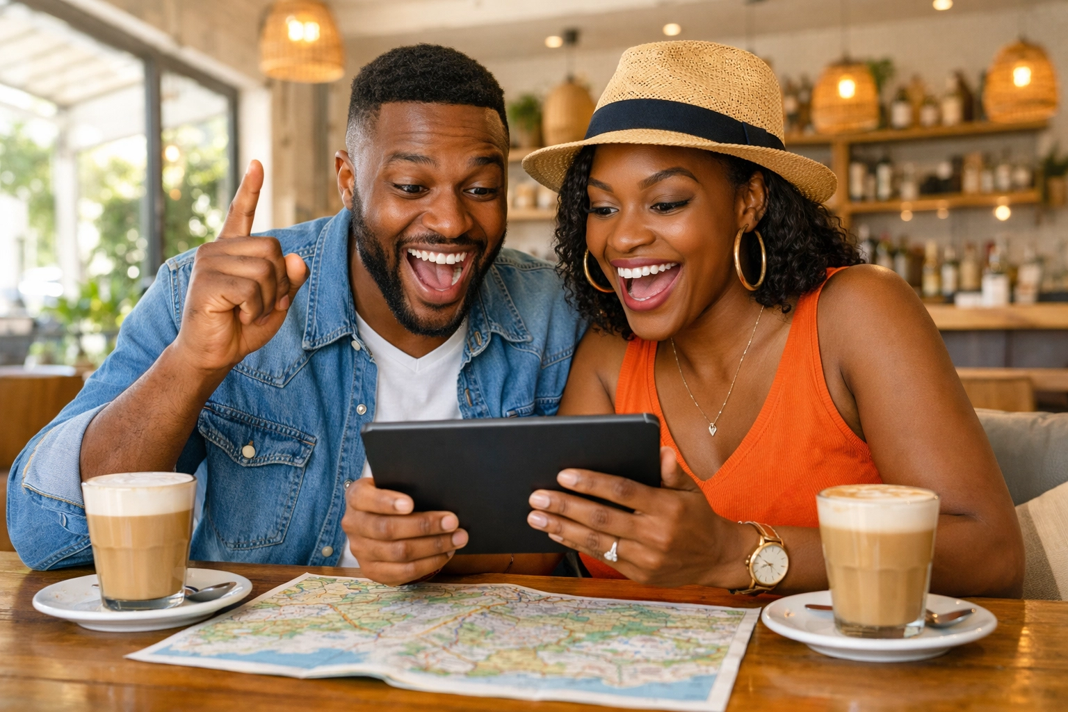 Happy couple reviewing their vacation itinerary after a successful travel consultation process with an expert agent.