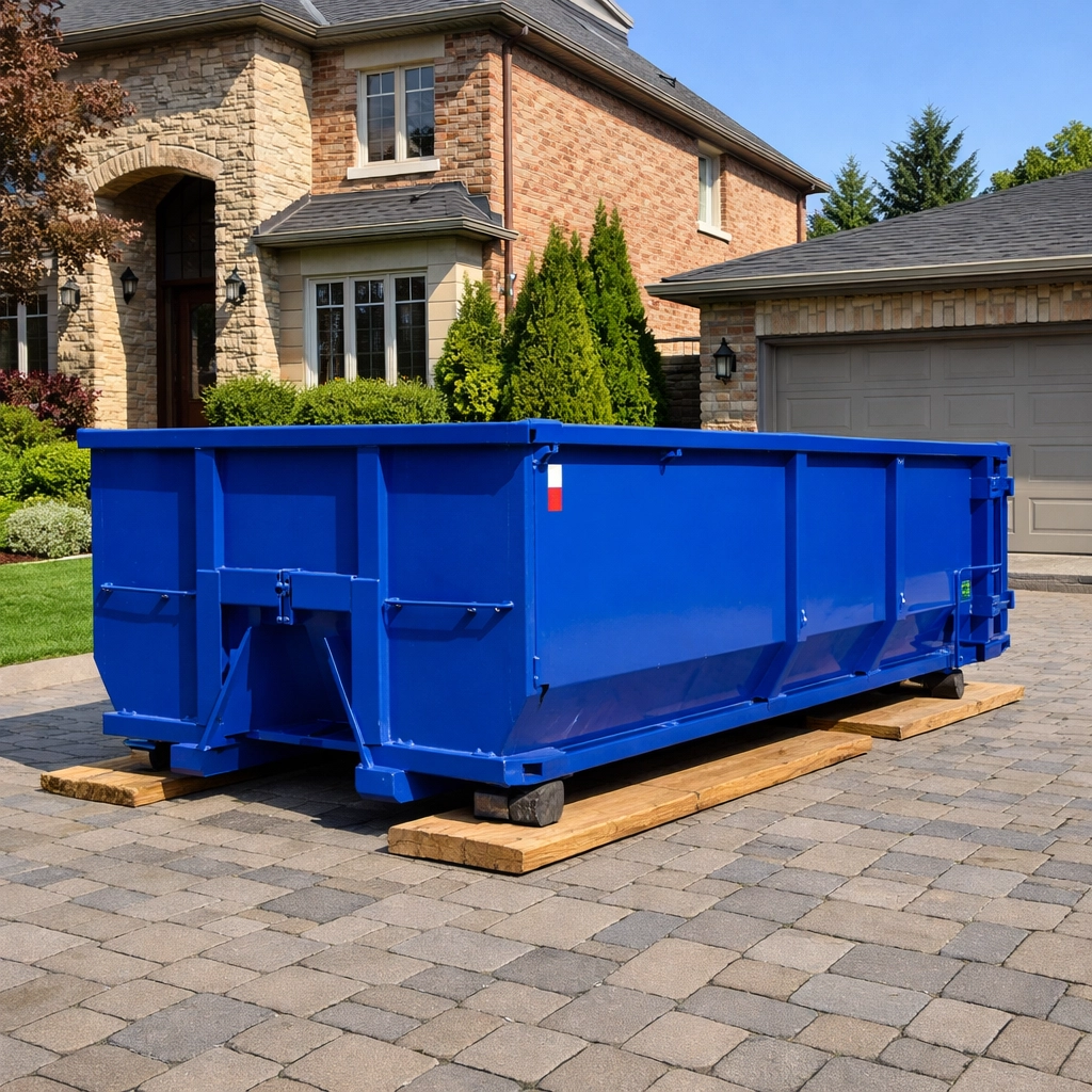Renovation Bin Rental North York: Kitchen Edition Driveway-safe 10-yard renovation bin rental in North York with wood planks to protect the surface.