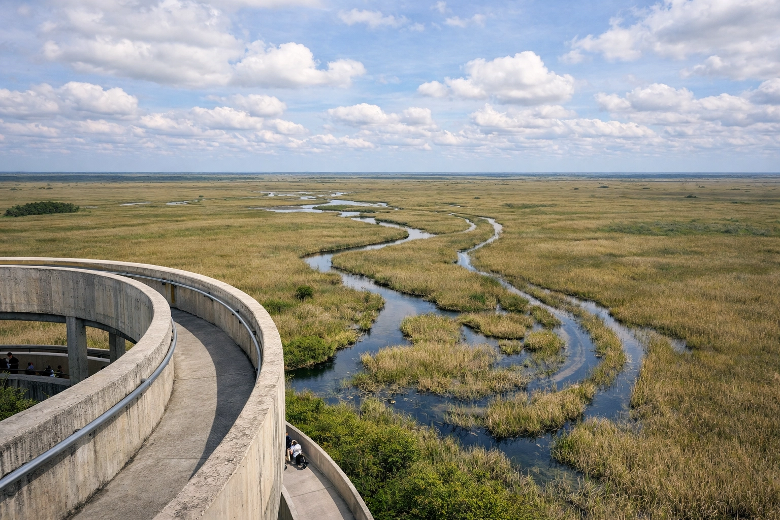 Wide-angle view of the Everglades River of Grass from the Shark Valley Observation Tower.