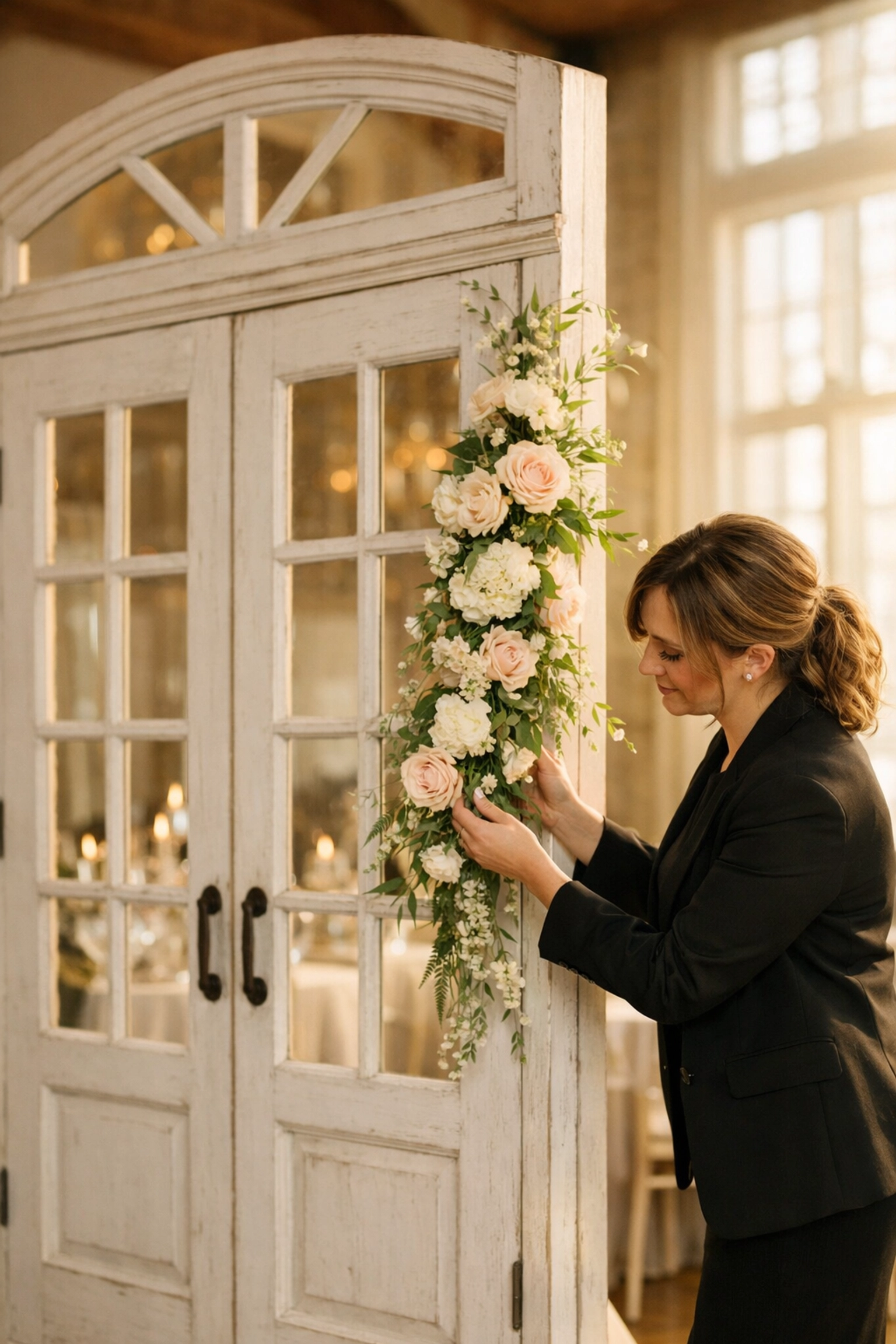 Elegant French Door Bliss wedding backdrop rental in a sunlit Fort Wayne venue for a sophisticated ceremony.