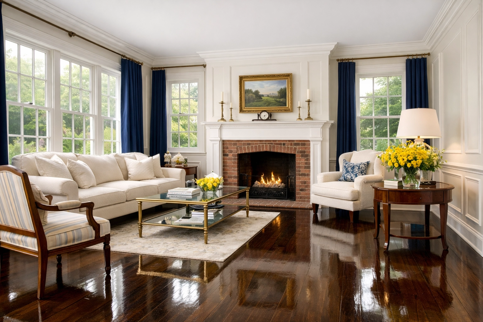 Deep cleaned living room with polished hardwood floors in a historic Lexington Massachusetts home.