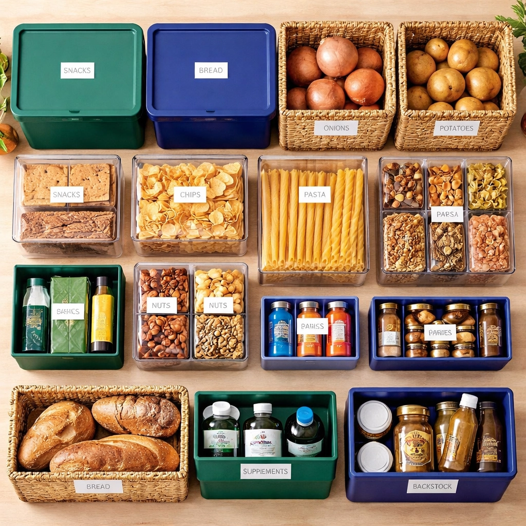 Neatly organized emerald and cobalt storage bins and pantry containers with labels, highlighting home organization systems.