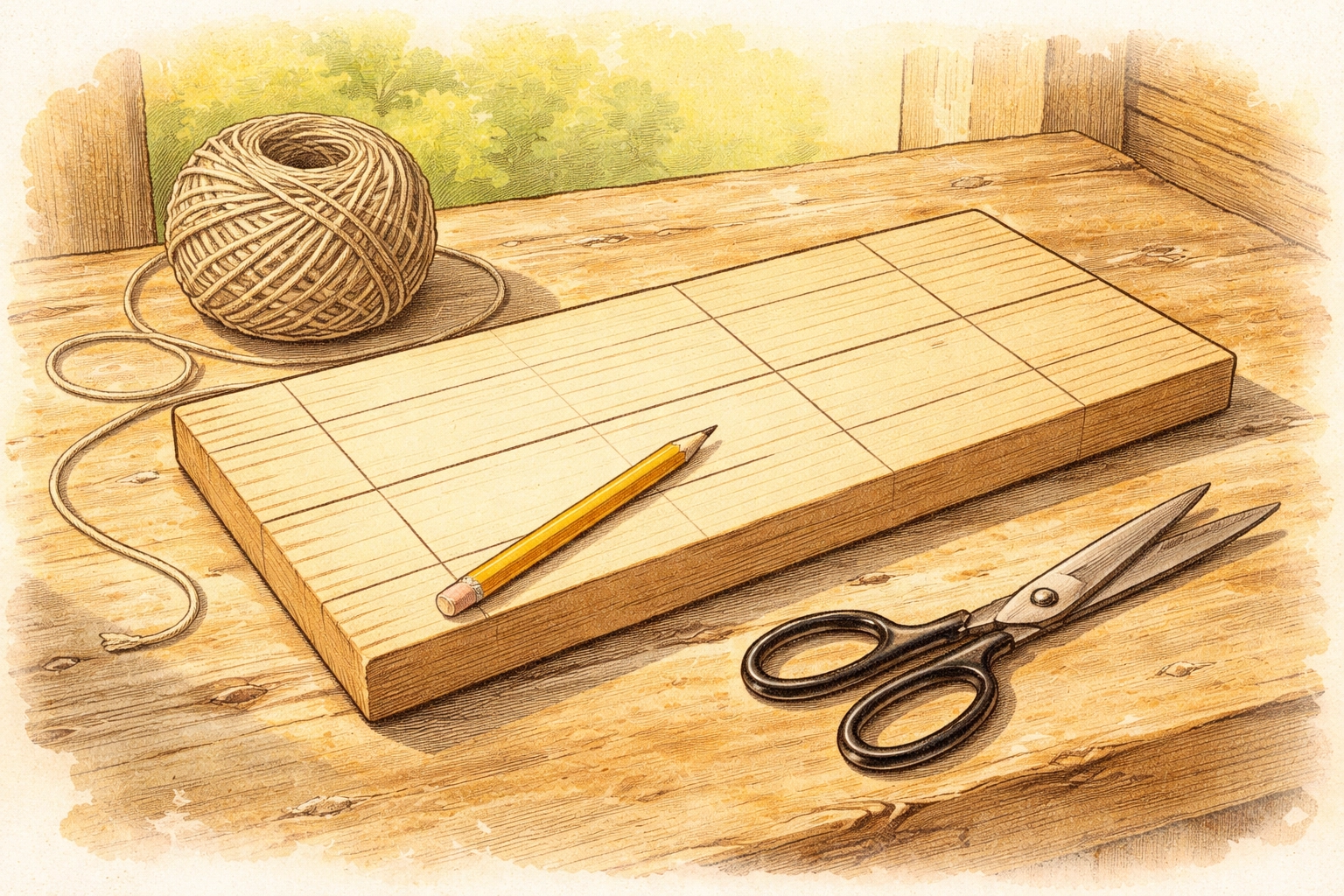Vintage-style drawing of a wooden board, twine, and scissors for marking and preparing a homemade pocket garden.