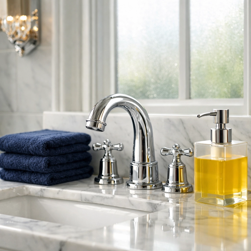 Pristine marble vanity and chrome fixtures from a luxury house cleaning Newton MA service in a modern bathroom.