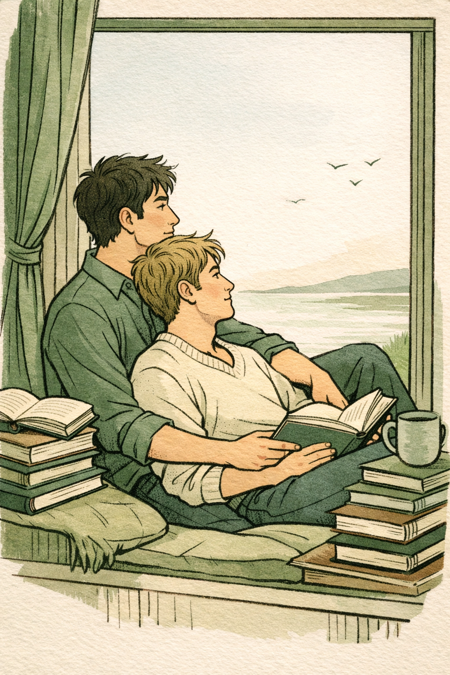 Gay couple sitting with books, representing asexual representation and diverse MM romance themes.