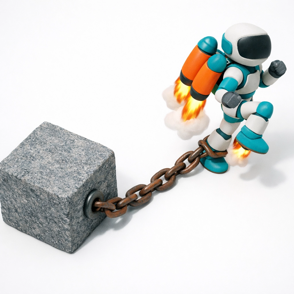 A jetpack robot tethered to a heavy stone block, representing the burden of annual AI software contracts.