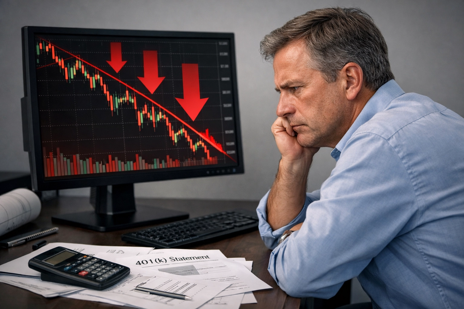 Professional reviewing declining 401k performance and market volatility on computer screen