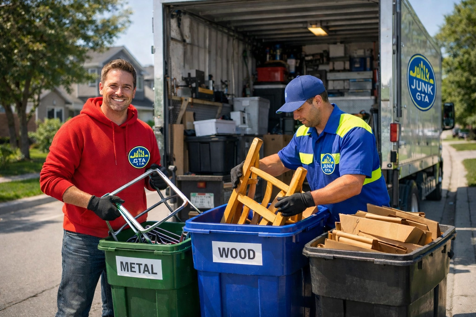Reliable Junk Removal Simcoe County: Keeping Our Community Clean Junk GTA team performing eco-friendly junk removal in Simcoe County, sorting items for recycling in Barrie.
