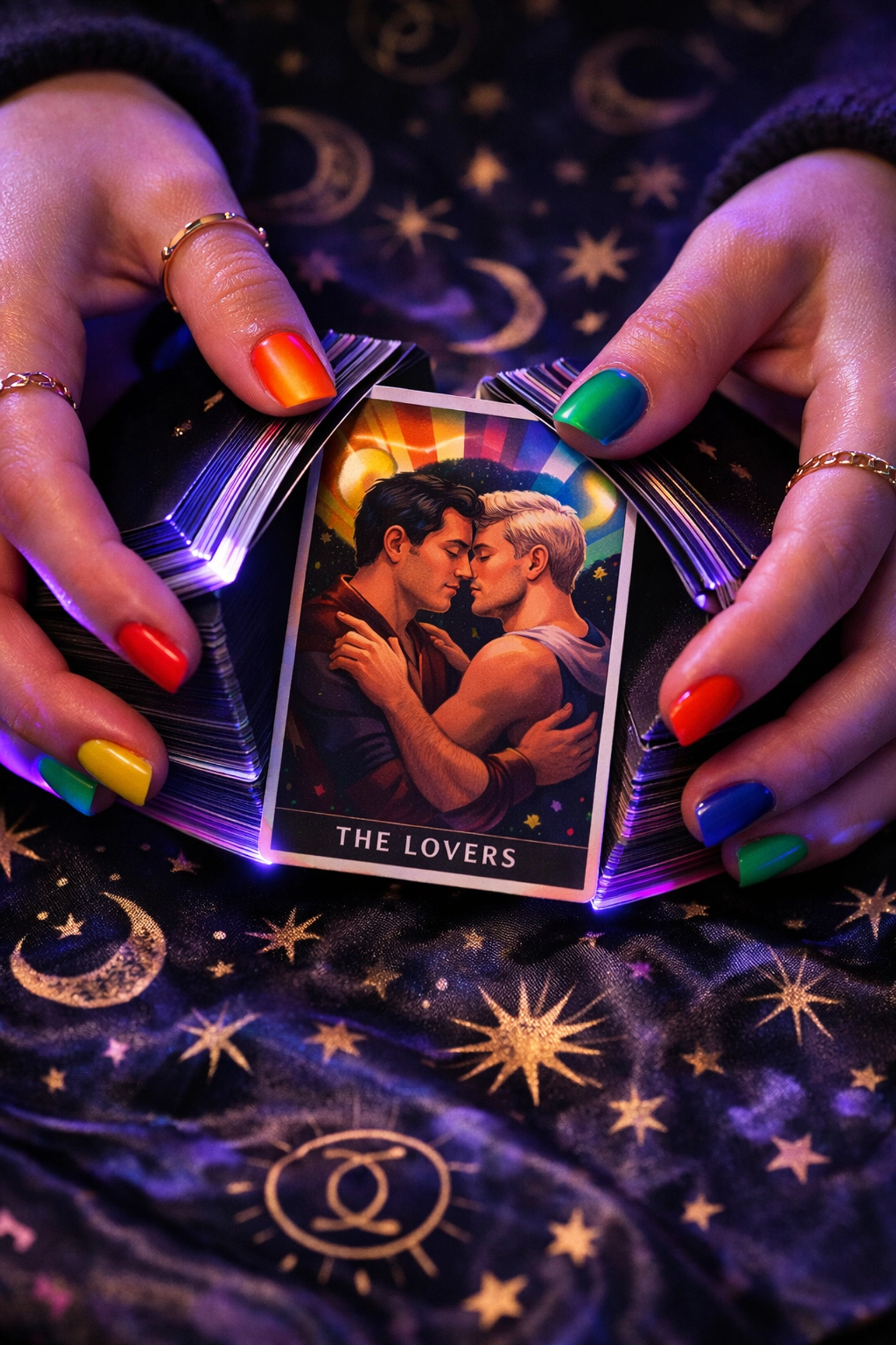 Hands with rainbow nails shuffling a queer Tarot deck featuring a gay Lovers card.