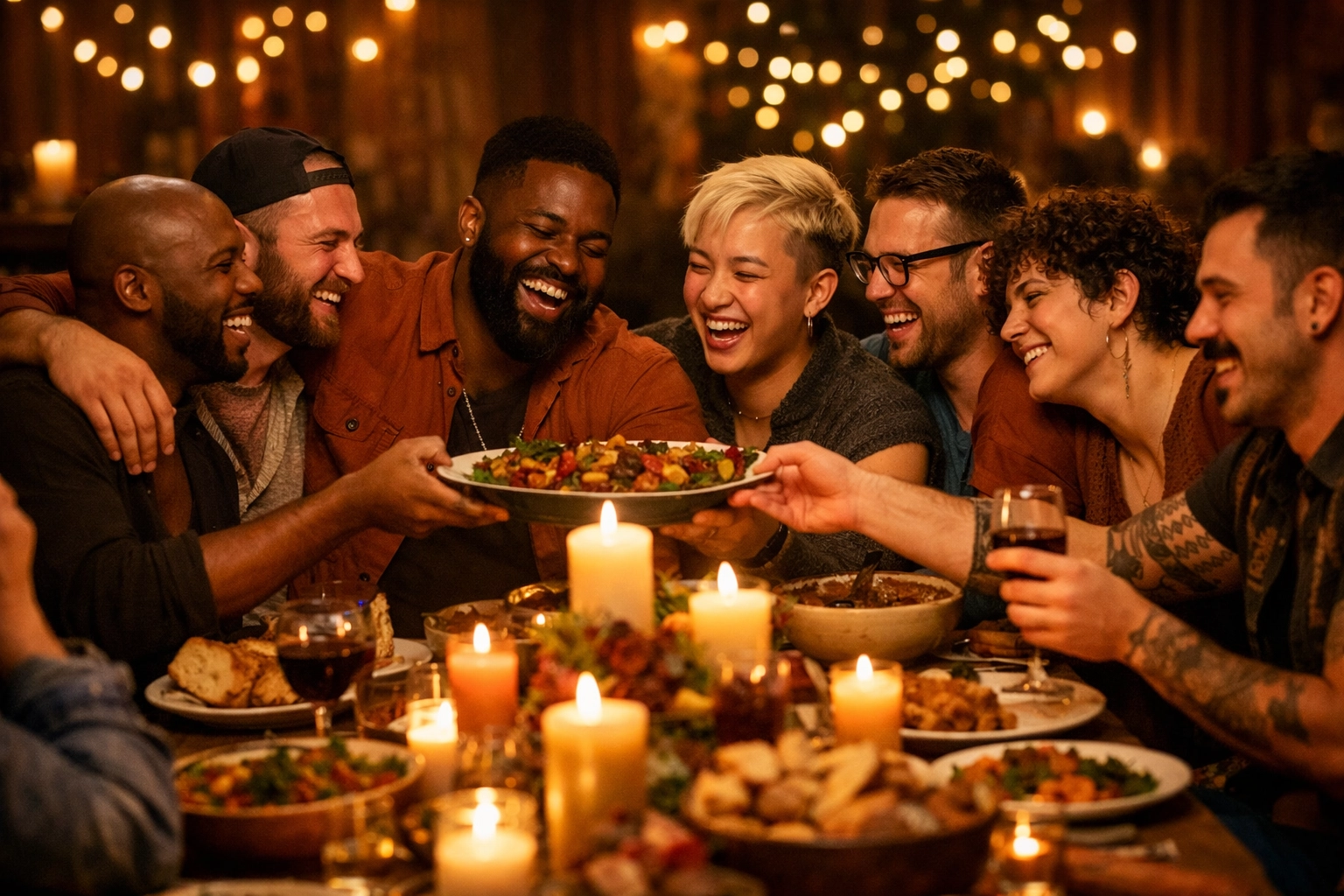 A diverse group of queer and non-binary people sharing a warm found family meal at a candlelit table.