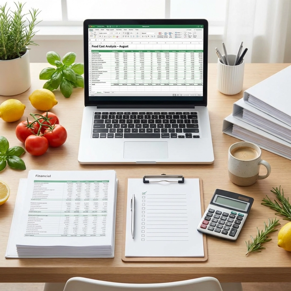 Organized restaurant manager desk showing financial analytics and fresh produce, emphasizing restaurant cost control strategies