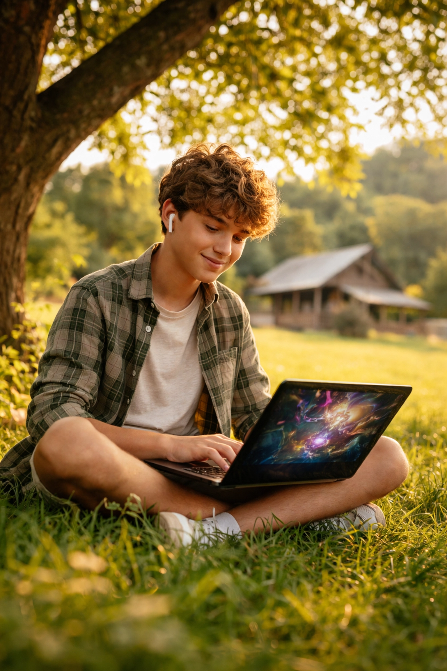 Teen boy gaming under a tree on a farm, using nature and technology to build social skills during school refusal recovery