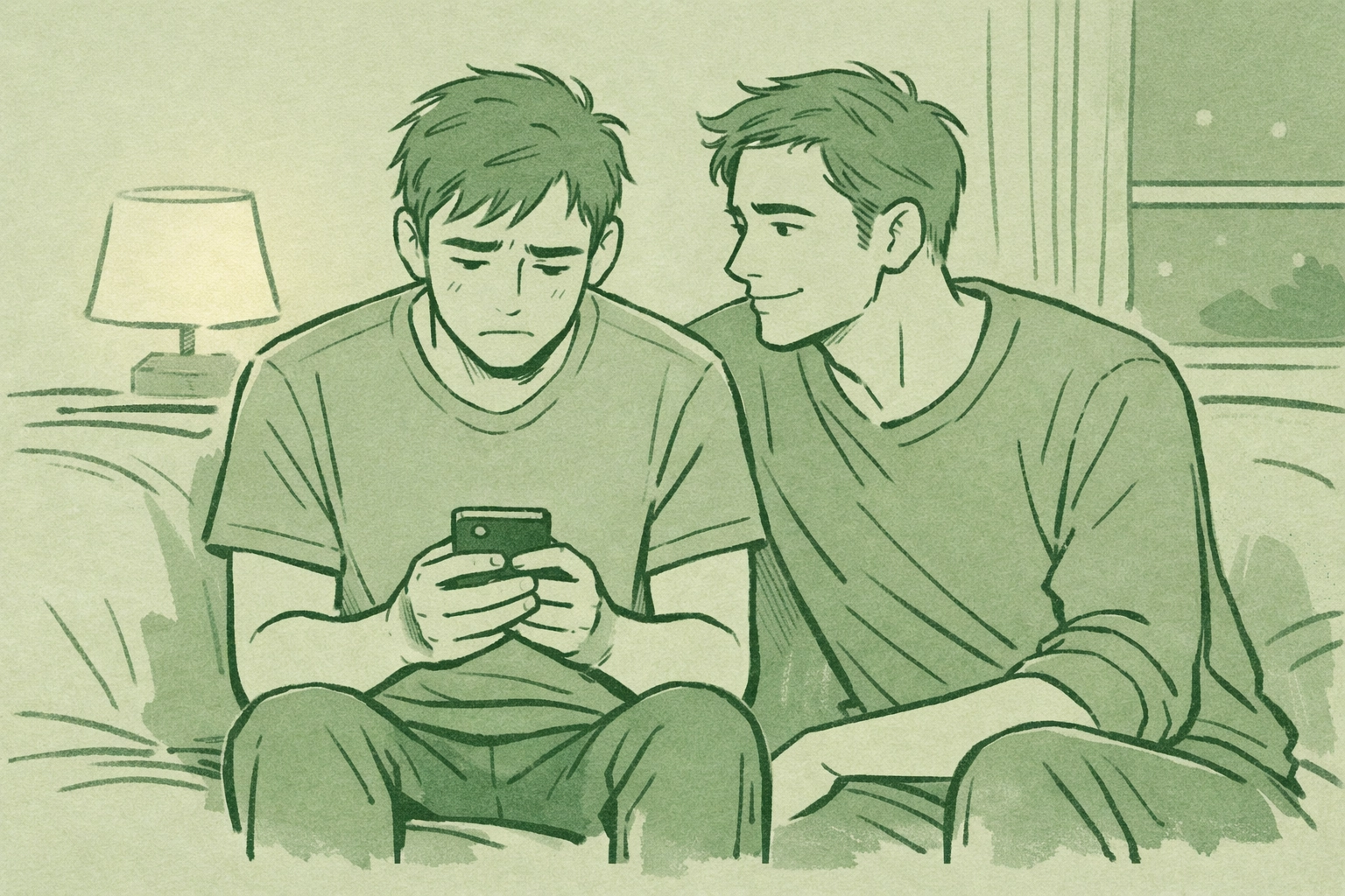 Two gay men sitting nervously together before their first intimate same-sex experience