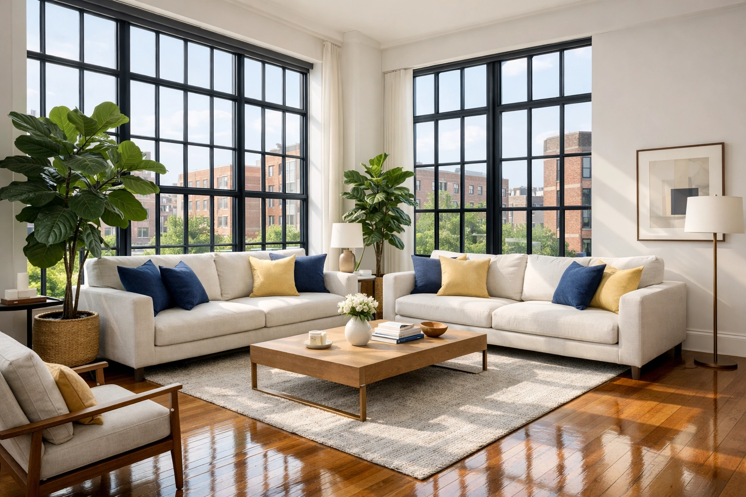 Sun-drenched Cambridge living room with fresh air following eco-friendly house cleaning Cambridge MA.
