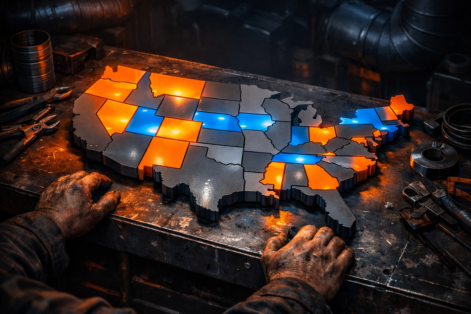 Map of US states on a workbench showing the patchwork of legislative changes affecting the HVAC industry.