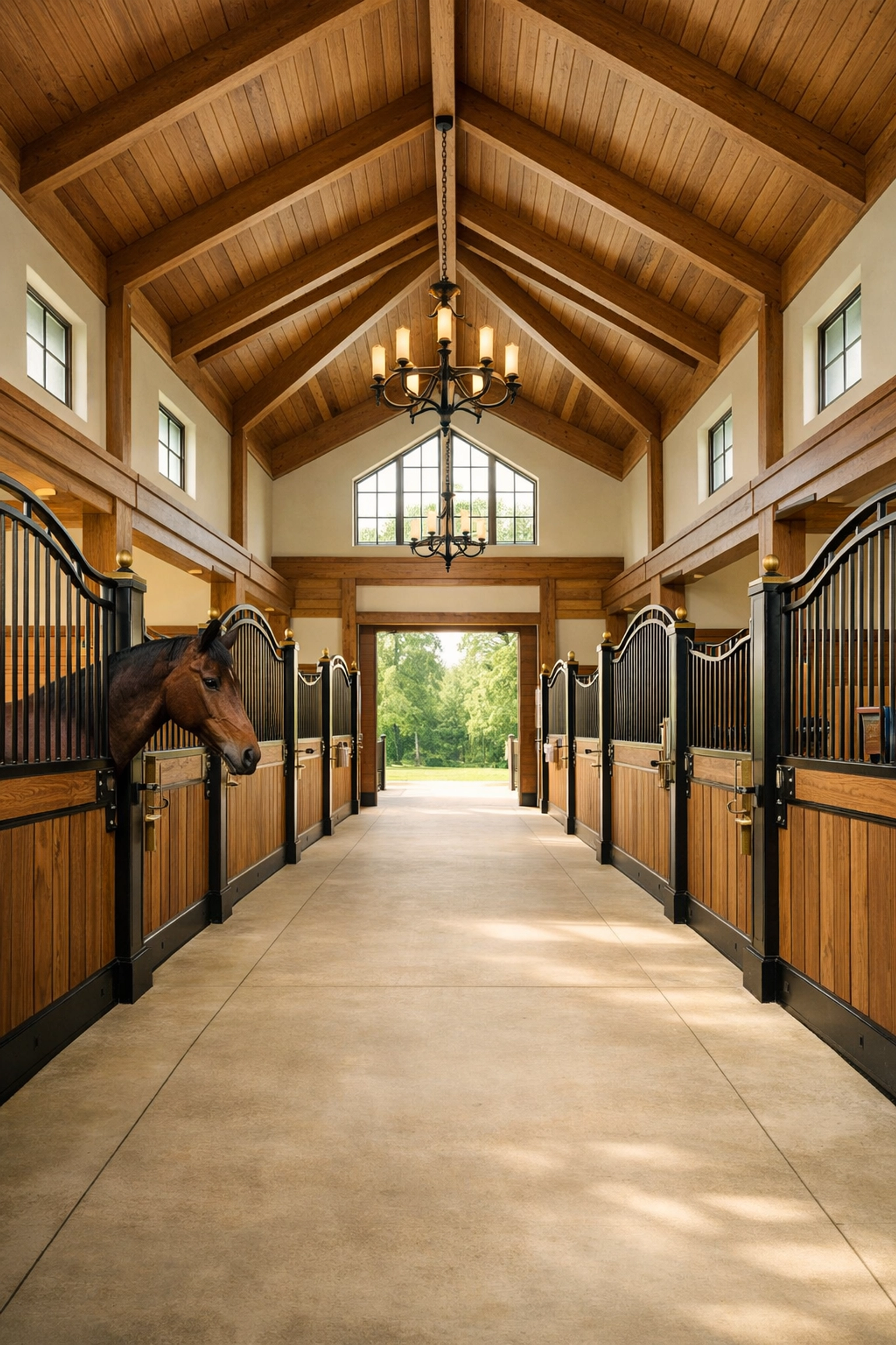 Luxury horse barn interior with wide aisle and high ceilings in Charlotte equestrian property