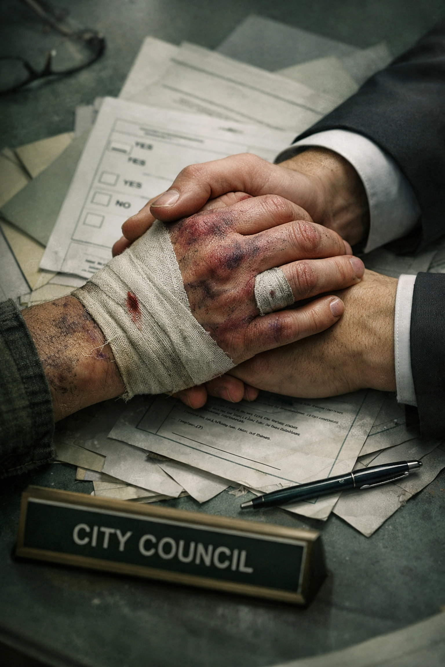 Injured bandaged hands and uninjured hands clasped over election documents - gay romance corruption