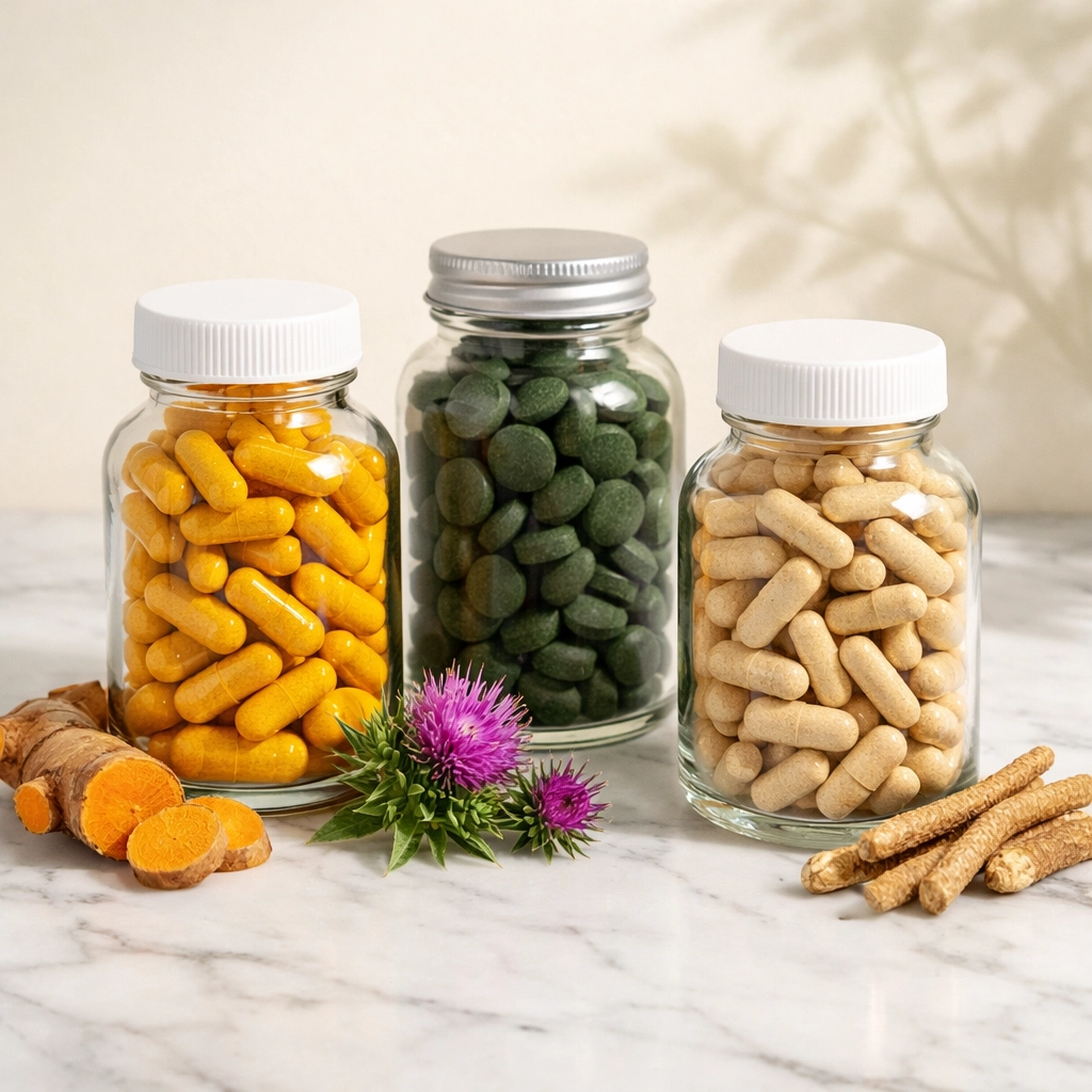 Turmeric curcumin capsules, milk thistle tablets, and ashwagandha supplements with fresh botanical sources