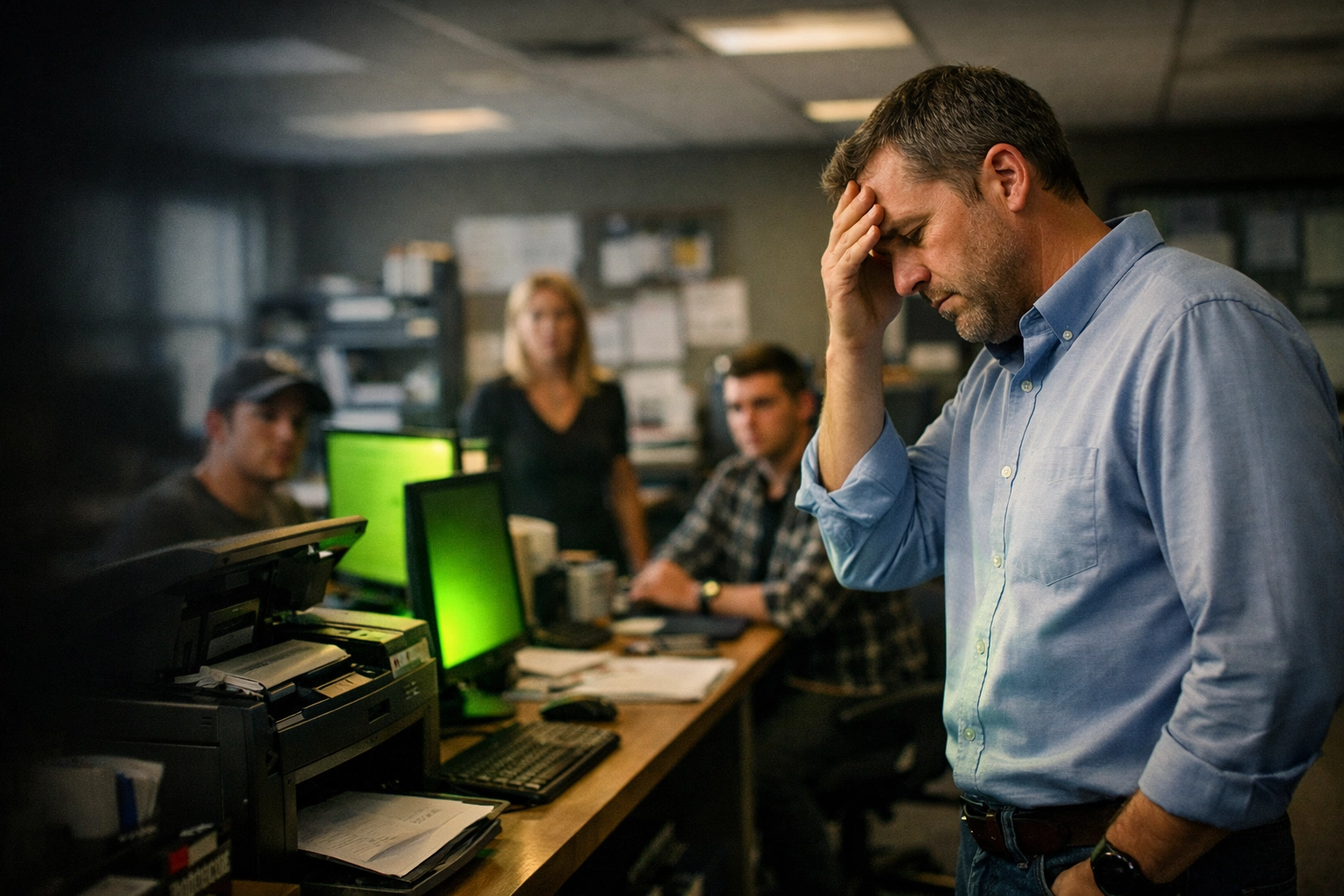 Frustrated business owner dealing with IT downtime in Lincoln small business office