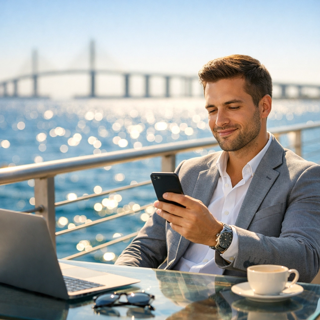 A professional using a smartphone at a Tampa pier, reflecting fast site performance for Local SEO Tampa FL.
