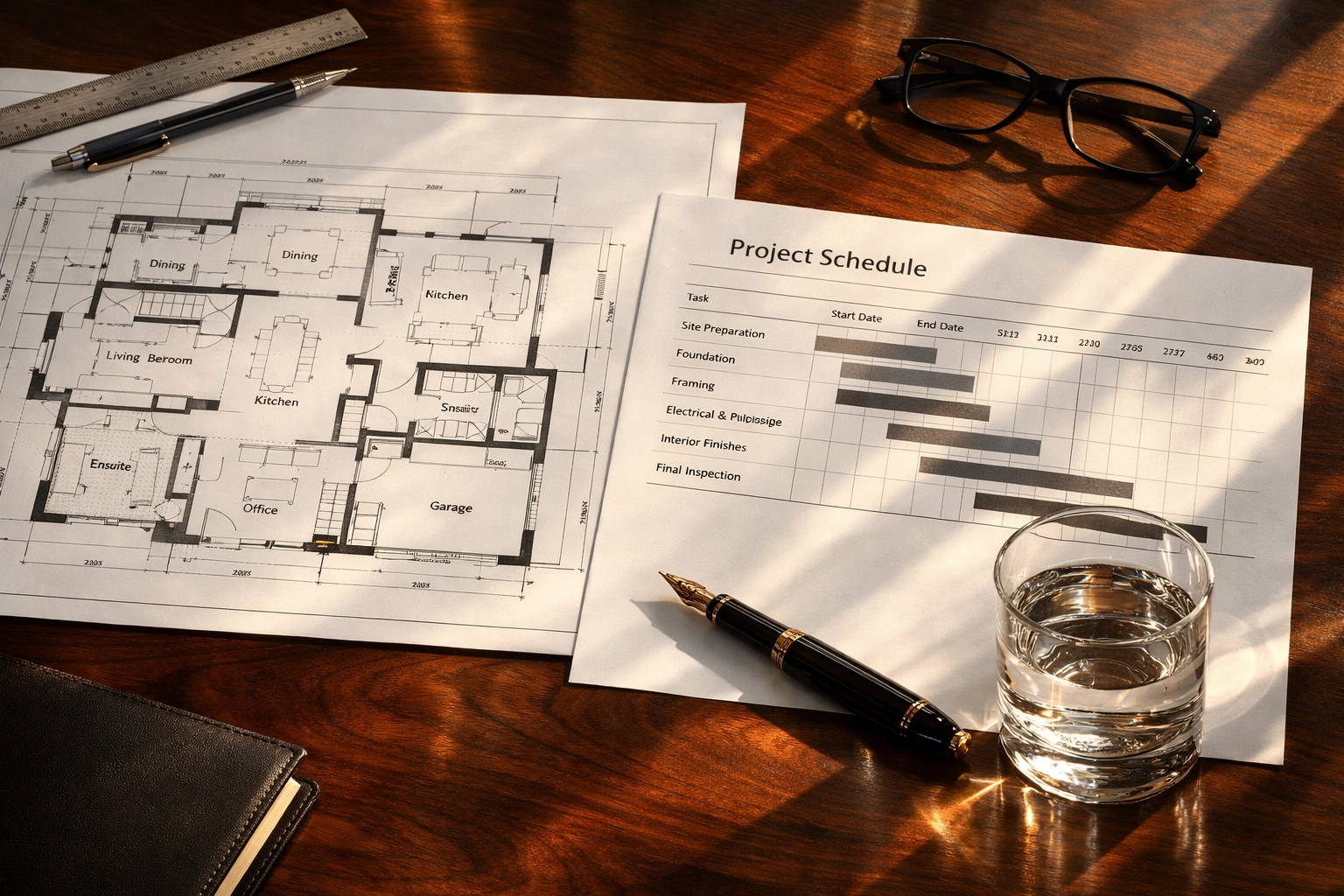 Architectural floor plans and a construction project schedule on a professional desk.