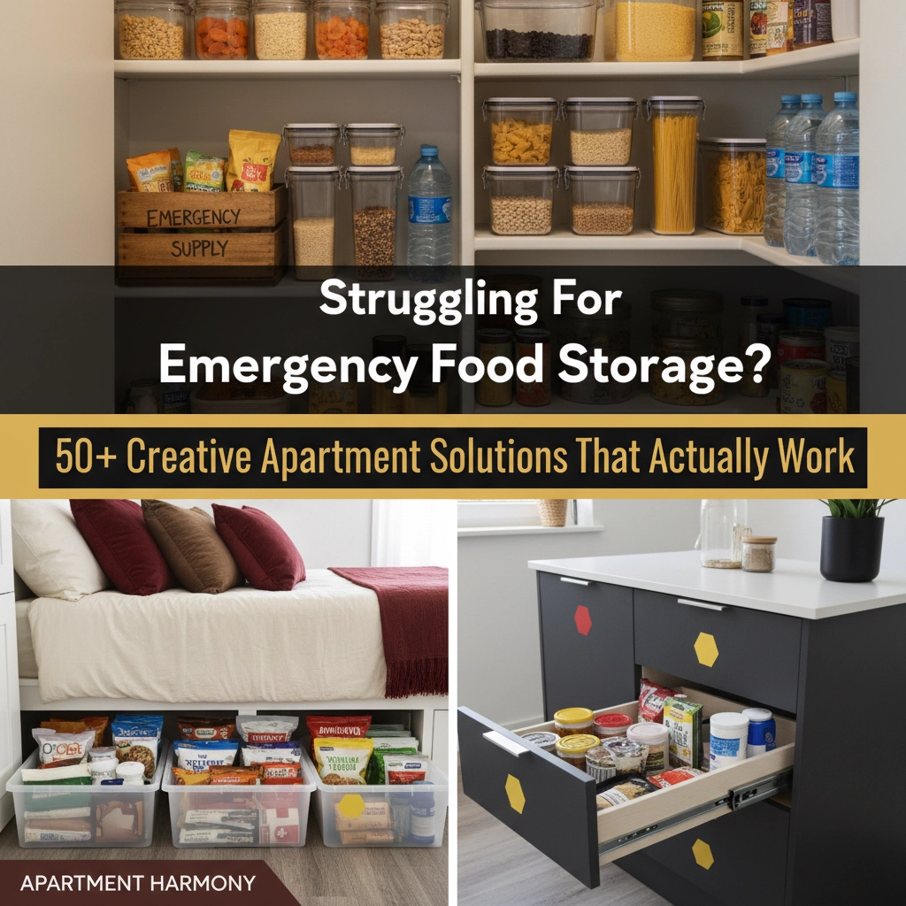 Article covers with three pictures. The top picture shows and organized and full pantry; the bottom left pic shows an under bed storage tote with packaged dry foods; pic on the bottom right shows miscellaneous prep items. The Ultimate Guide: 50+ Must-Try Storage Hacks for an Apartment