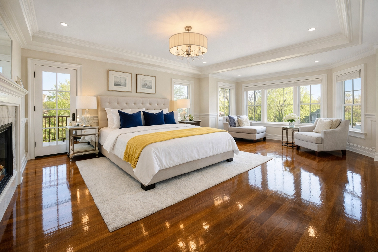 Master bedroom in Newton showing spotless surfaces after professional luxury house cleaning MA.