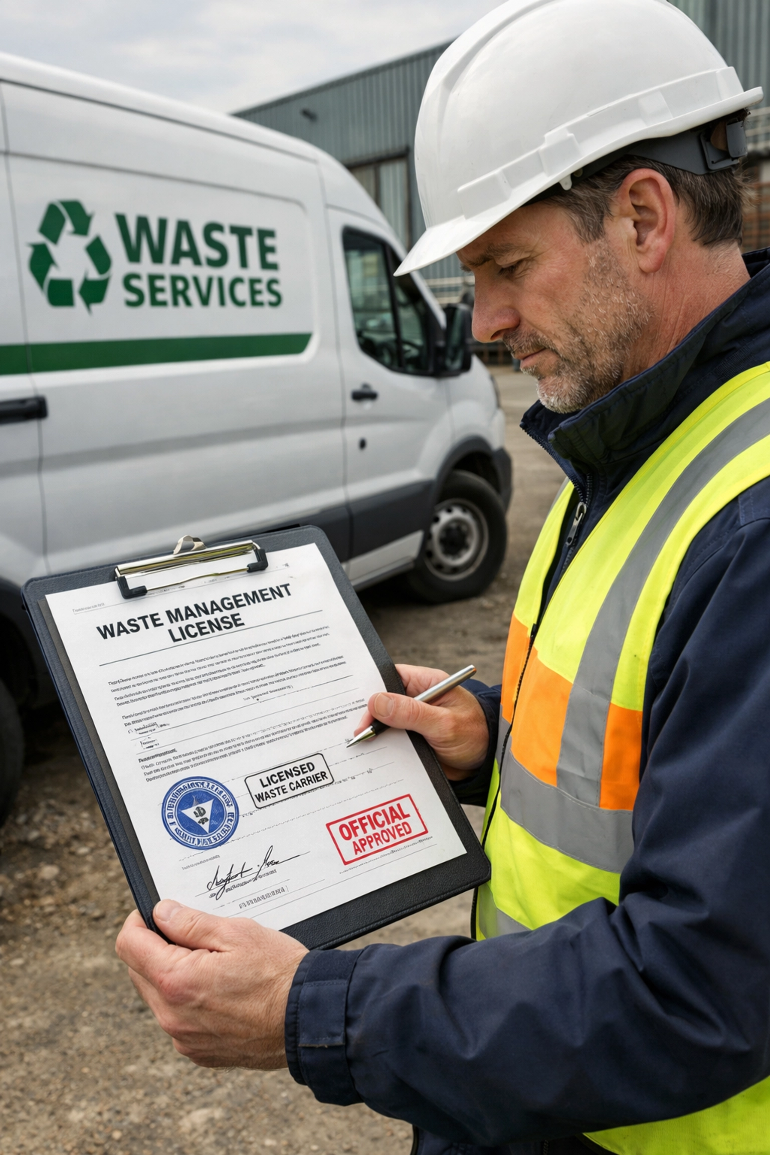 Licensed waste carrier inspector checking WEEE compliance documents for e-waste collection