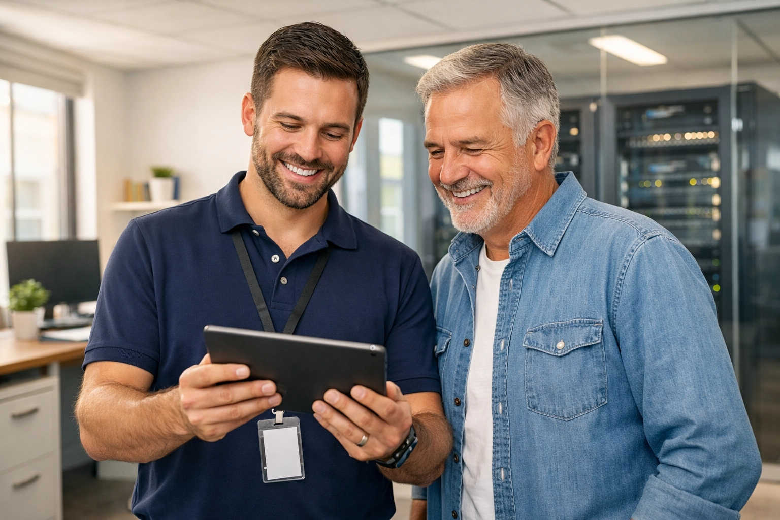 Professional IT consultant and Vacaville business owner reviewing managed IT services in a modern office.