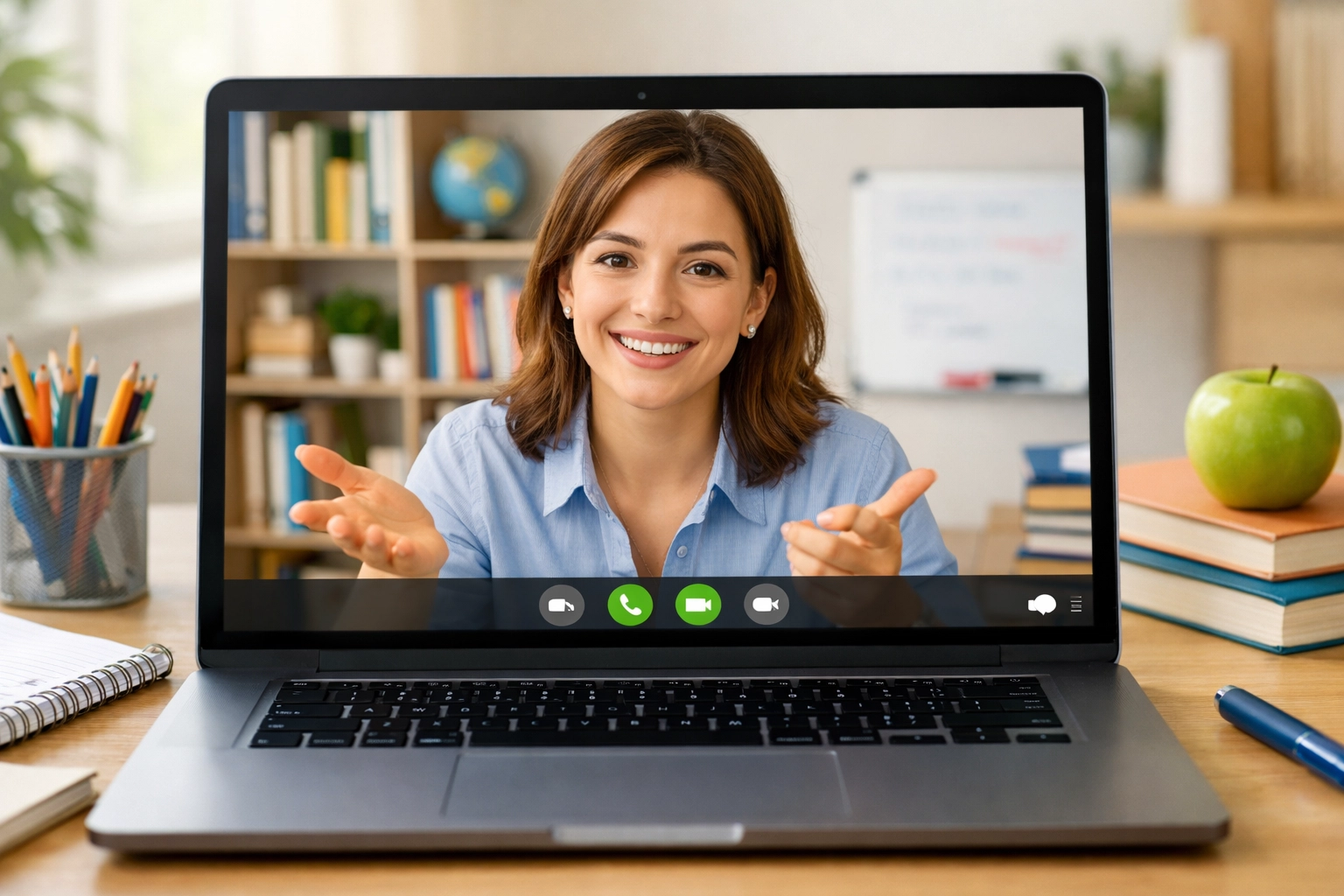 Ontario teacher providing online instruction through video call to student