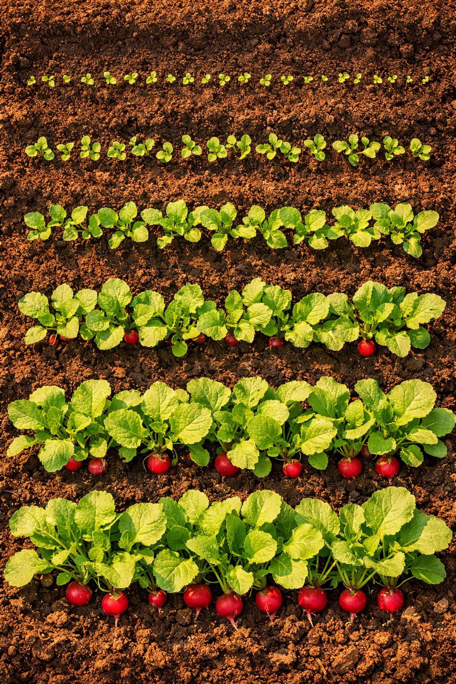 Succession planting of radishes in garden bed showing multiple growth stages