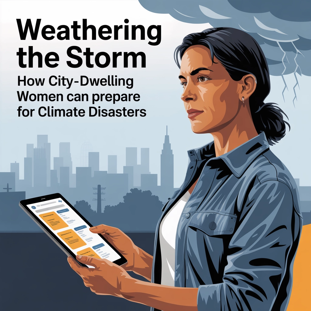 An illustration of a woman in the foreground holding a tablet with information on it which are both in color. The background is in grayscale with a cityscape behind her in the distance, and a thundercloud with lightening in the top right Ready for Anything: Urban Survival in a Changing Climate