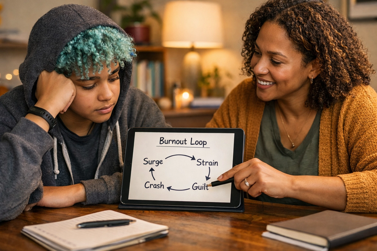 Supportive coaching session: a diverse teen and coach reviewing a simple burnout loop diagram together (Surge → Strain → Crash → Guilt) in a warm, calming space.