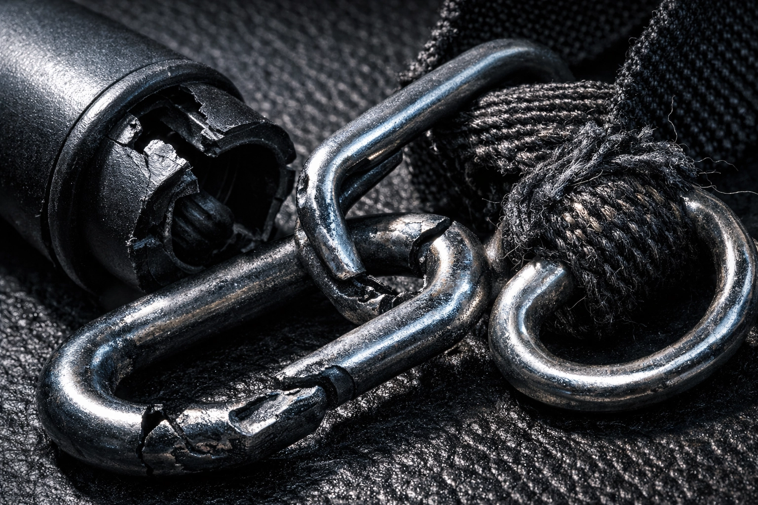 Broken resistance band attachments showing bent clips and cracked plastic handles